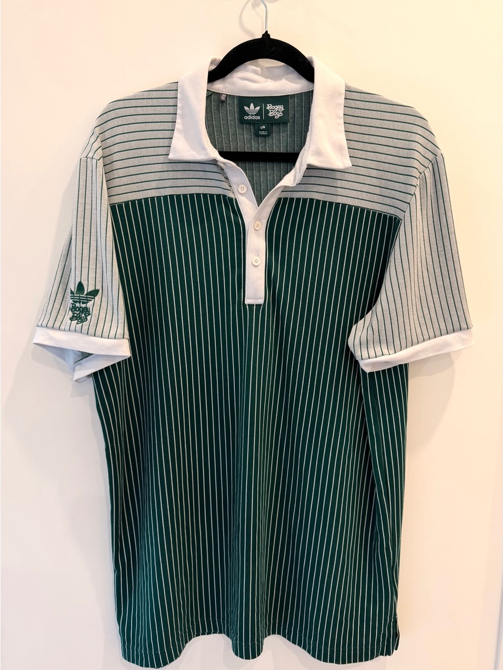 Adidas x Bogey Boys Retro Knit Pinstripe Golf Polo Shirt Green White L